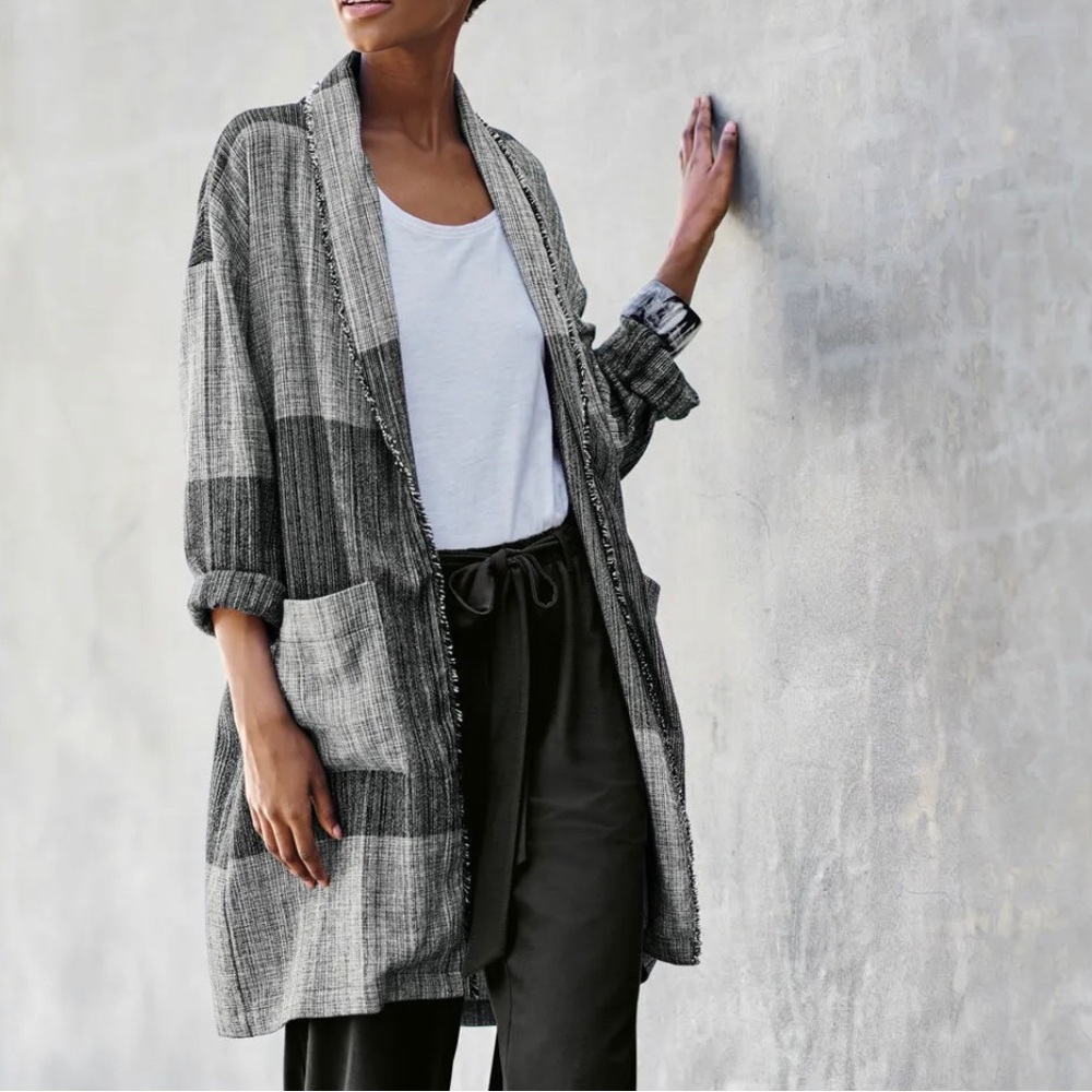Eileen Fisher Hazy Blocks Shawl Collar Long Jacket